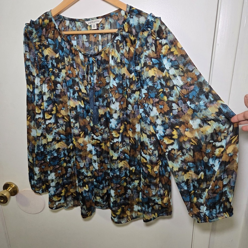 Frye & Co. Size 2X Blue Brown Floral Peasant Blouse Tassel Tie Boho Long Sleeve